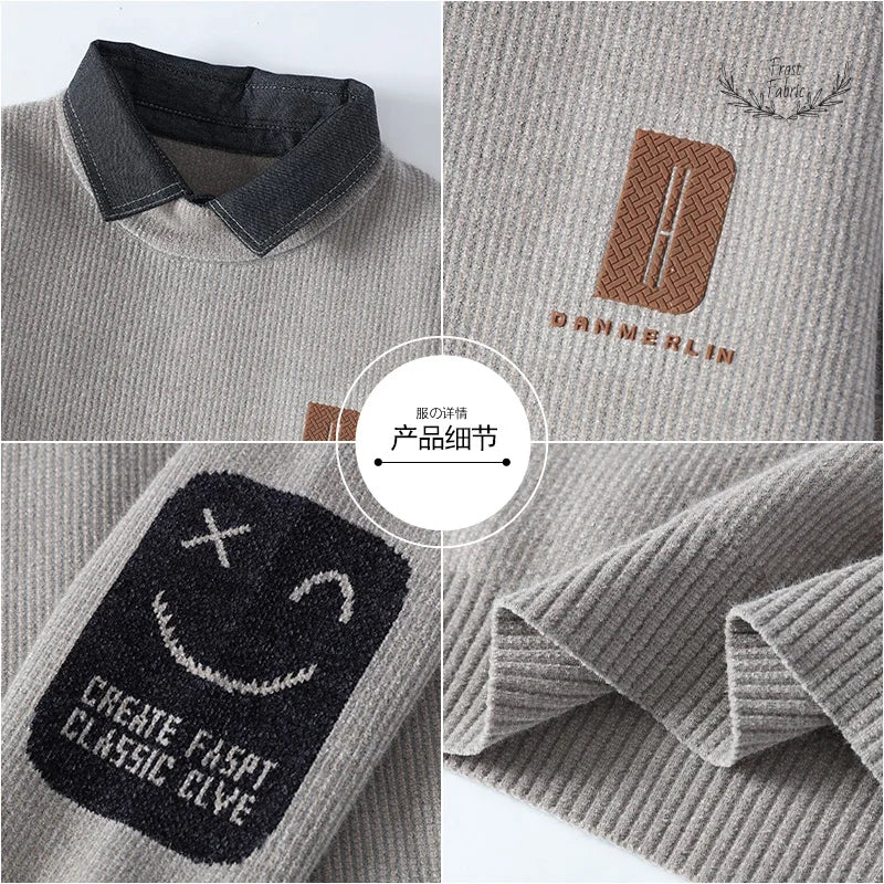 Men's Cozy Winter Knit Sweater: Fake Two-Piece Layered Streetwear Pullover for Warmth