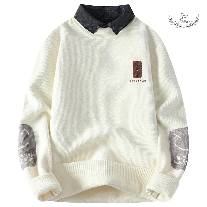Men's Cozy Winter Knit Sweater: Fake Two-Piece Layered Streetwear Pullover for Warmth