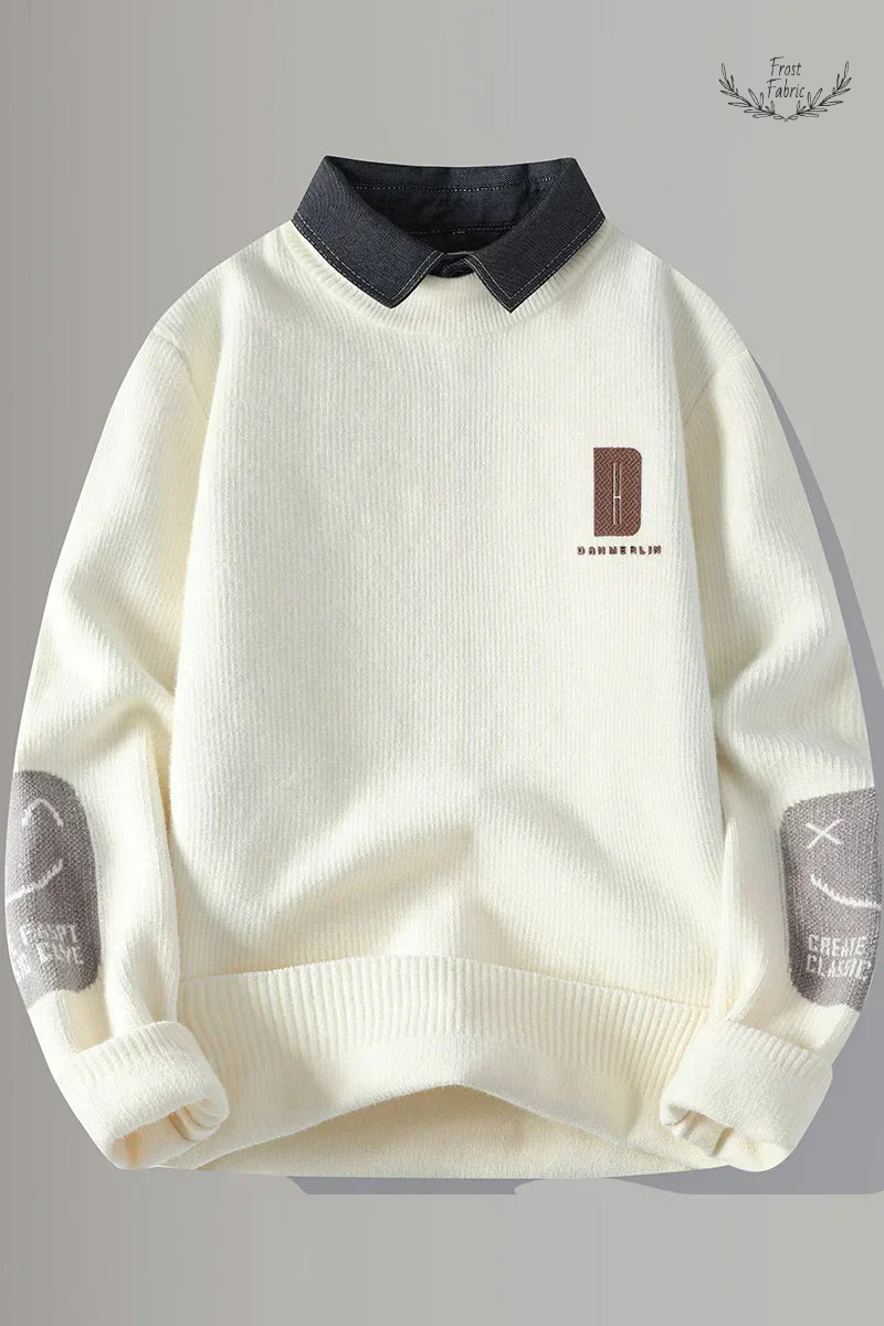 Men's Cozy Winter Knit Sweater: Fake Two-Piece Layered Streetwear Pullover for Warmth