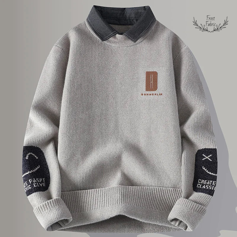 Men's Cozy Winter Knit Sweater: Fake Two-Piece Layered Streetwear Pullover for Warmth