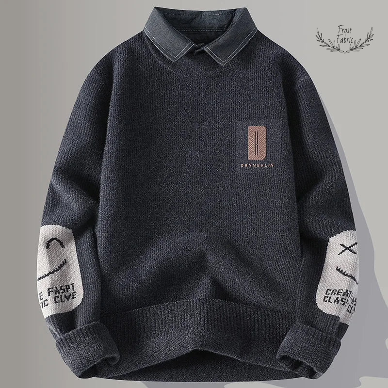 Men's Cozy Winter Knit Sweater: Fake Two-Piece Layered Streetwear Pullover for Warmth