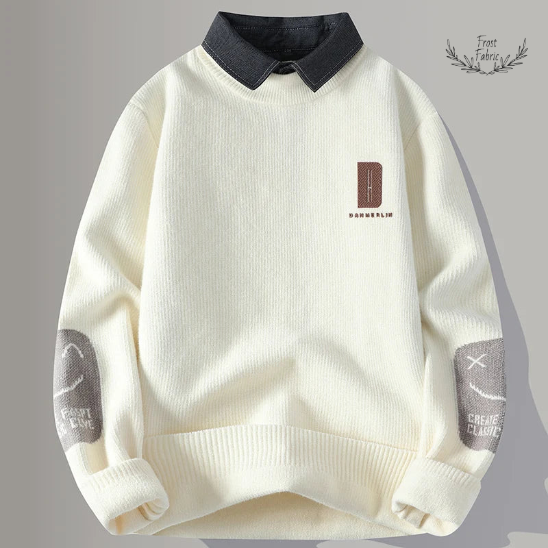 Men's Cozy Winter Knit Sweater: Fake Two-Piece Layered Streetwear Pullover for Warmth