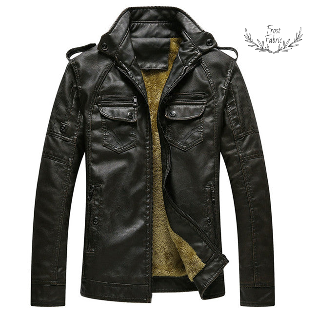 Men's Dark Coffee Faux Leather Biker Jacket with Warm Fleece Lining