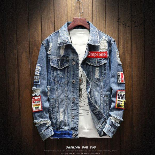 Men's Distressed Patchwork Denim Jacket: Vintage Street Style Embroidered Jean Coat
