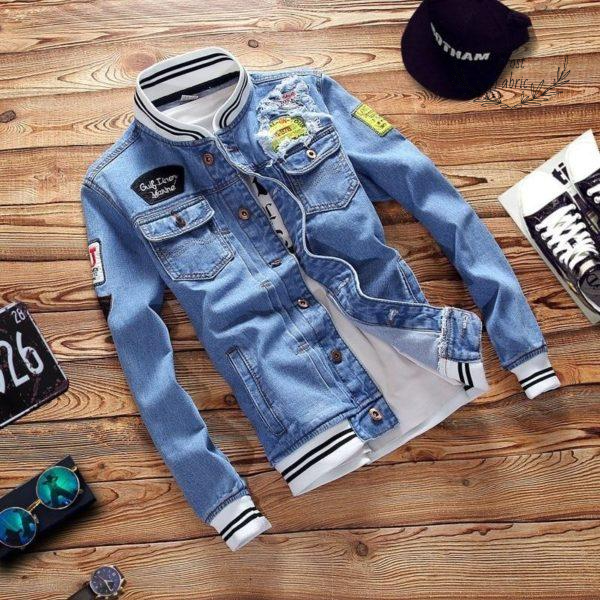 Men's Embroidered Denim Varsity Jacket - Classic Streetwear Jean Style