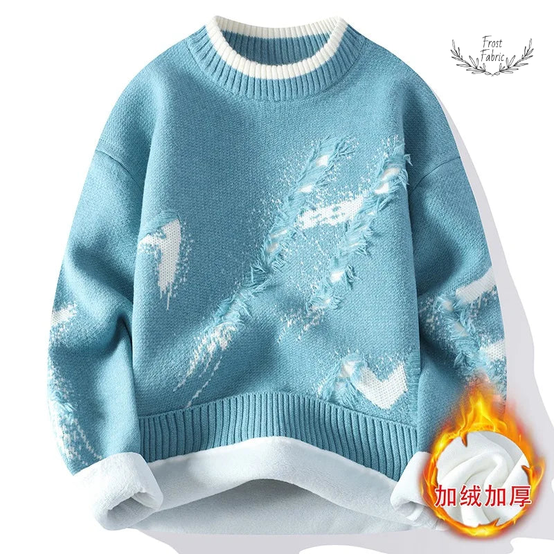 Men's Fashion Streetwear Knitted Fleece Pullover Sweater - Warm Loose Casual O-Neck