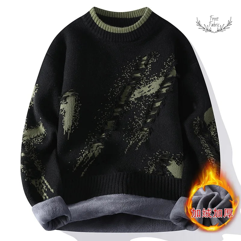 Men's Fashion Streetwear Knitted Fleece Pullover Sweater - Warm Loose Casual O-Neck