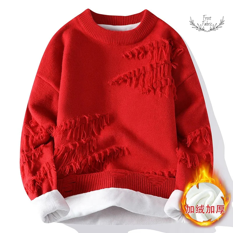 Men's Fashion Streetwear Knitted Fleece Pullover Sweater - Warm Loose Casual O-Neck