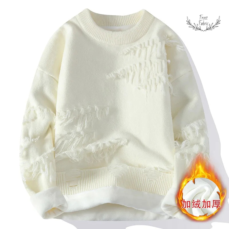 Men's Fashion Streetwear Knitted Fleece Pullover Sweater - Warm Loose Casual O-Neck