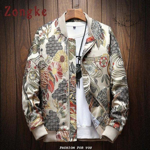 Men's Floral Embroidered Satin Bomber Jacket - Vintage Asian Streetwear Style
