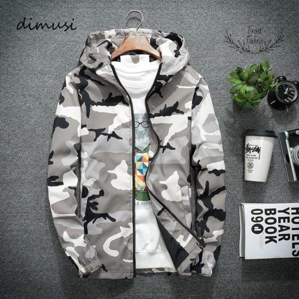 Men's Grey Camo Hooded Windbreaker: Lightweight Urban Streetwear Jacket for Protection