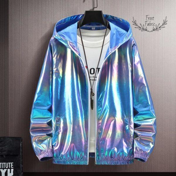 Men's Holographic Reflective Windbreaker Jacket: Shiny Rainbow Iridescent Festival Hoodie