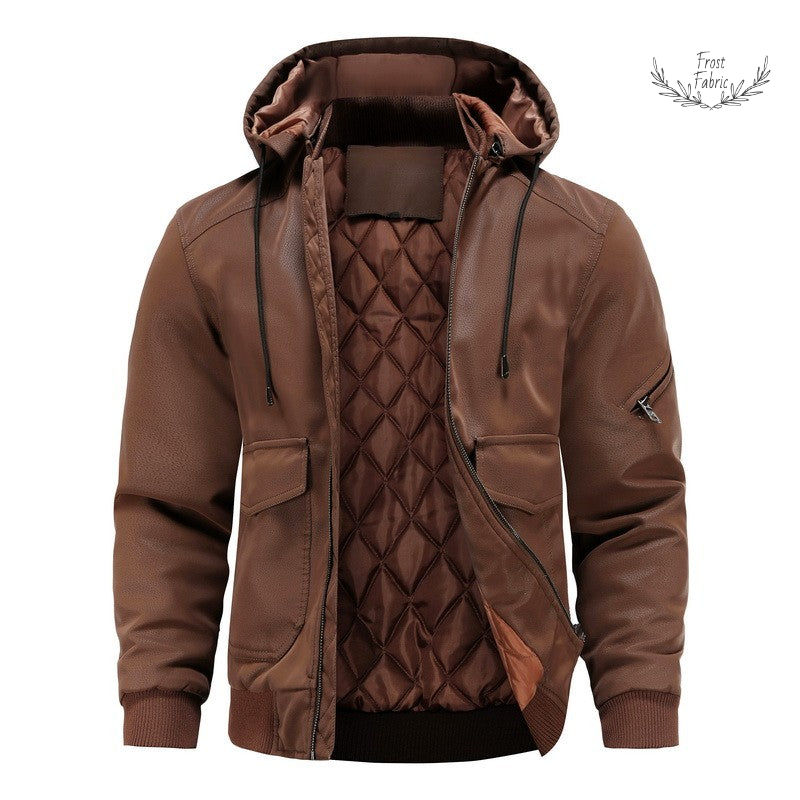 Men's Hooded Faux Leather Quilted Thermal Jacket - Winter Streetwear Coat