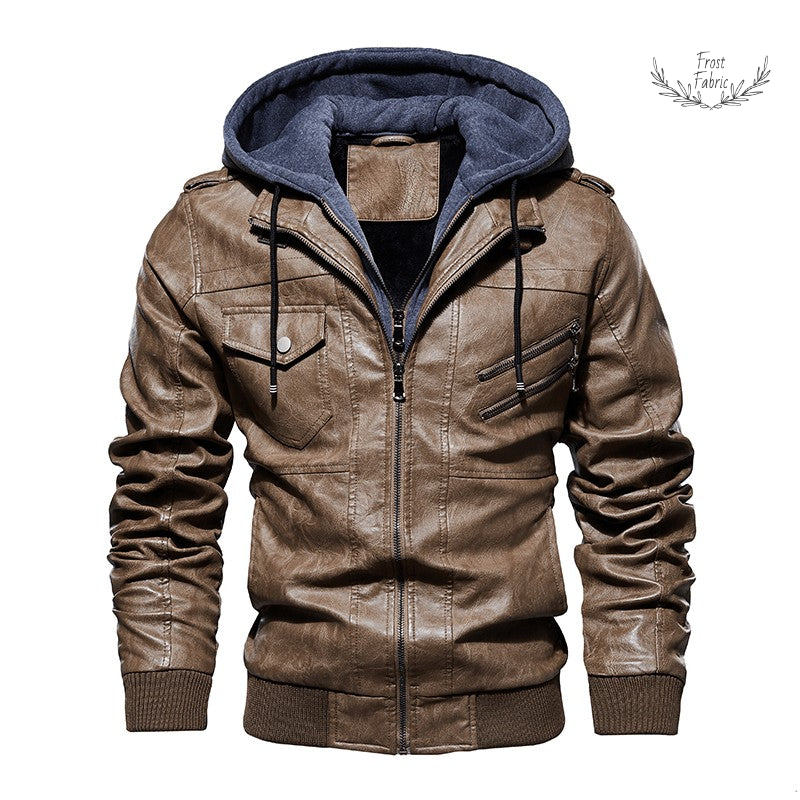 Men's Khaki Brown Faux Leather Hooded Moto Jacket, Urban Streetwear Style