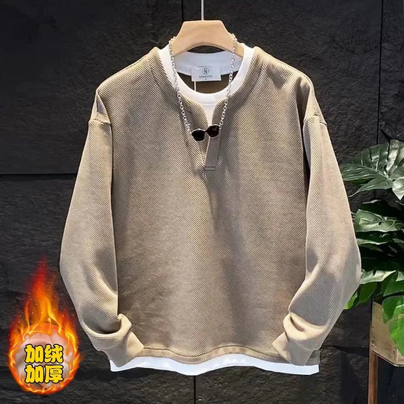 Men's Korean Fashion Fake Two-Piece Pullover Hoodie - Loose Fit Plus Size