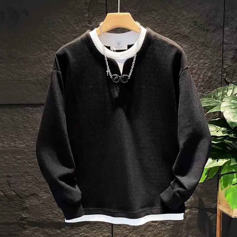 Men's Korean Fashion Fake Two-Piece Pullover Hoodie - Loose Fit Plus Size