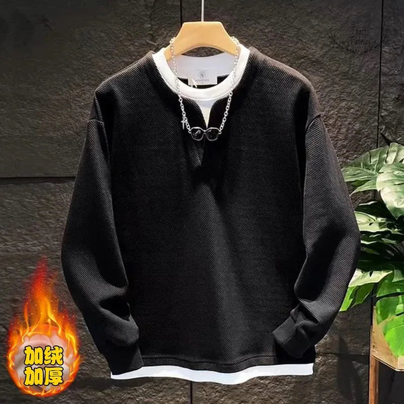 Men's Korean Fashion Fake Two-Piece Pullover Hoodie - Loose Fit Plus Size