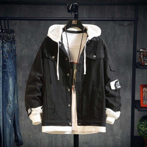 Men's Layered Hoodie Denim Jacket: Casual Streetwear Oversized Coat with Built-in Hood