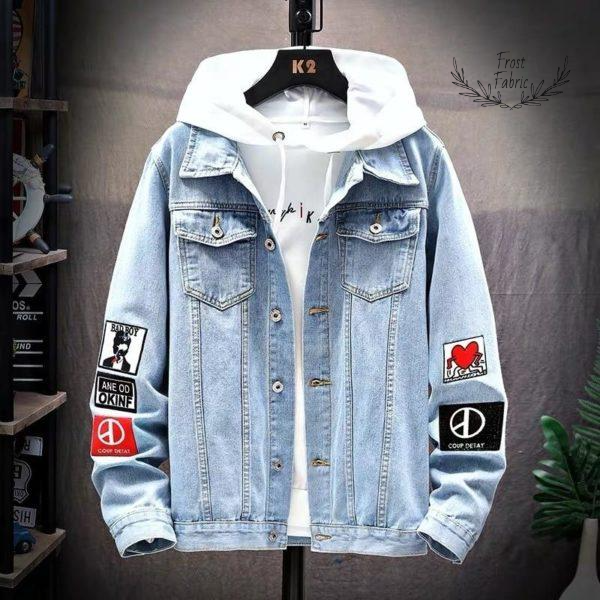 Men's Light Blue Denim Jacket: Graphic Patches, Layered Hoodie, Streetwear Style
