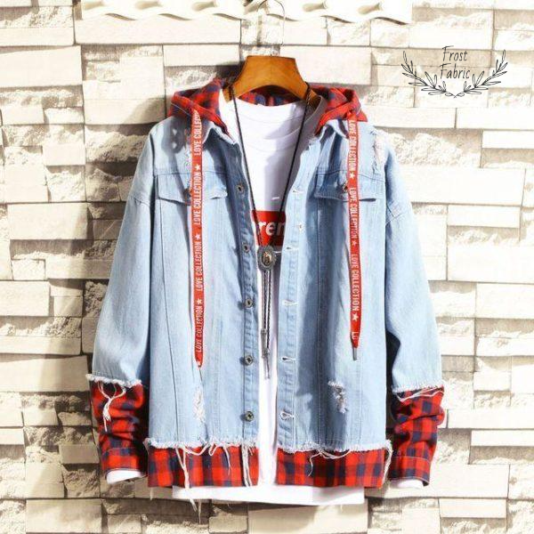 Men's Light Blue Distressed Denim Jacket with Red Plaid Hoodie