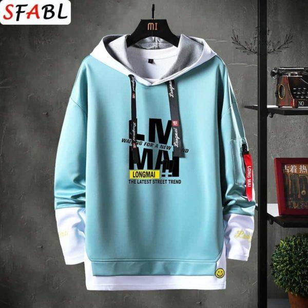 Men's Light Blue Streetwear Hoodie: Layered, Graphic Print, Soft Fabric