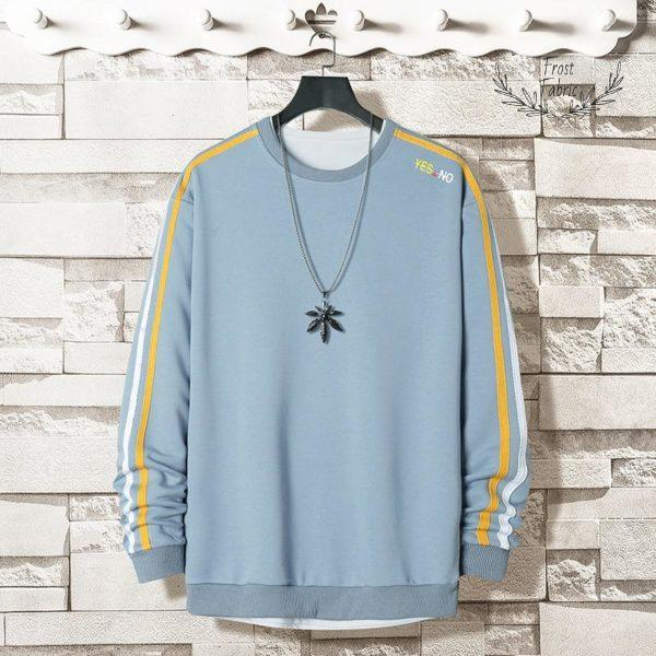 Men's Light Blue Striped Cotton Blend Sweatshirt - Casual Streetwear Pullover