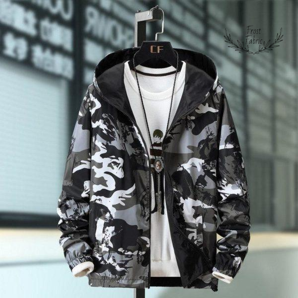 Men's Lightweight Black Grey Camo Windbreaker Jacket Streetwear Hoodie Outerwear