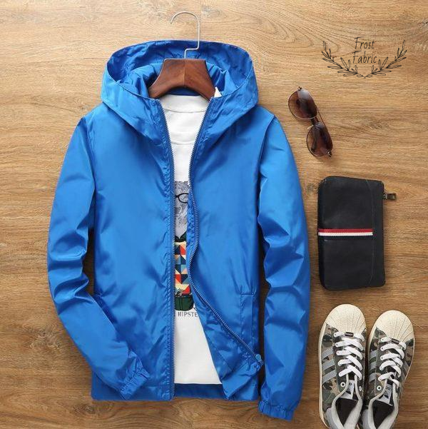Men's Lightweight Blue Hooded Windbreaker - Casual Outdoor Windproof Jacket