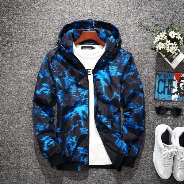 Men's Lightweight Hooded Blue Abstract Print Windbreaker Jacket Streetwear Coat