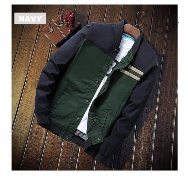 Men's Lightweight Two-Tone Navy Army Green Bomber Jacket with Ribbed Cuffs