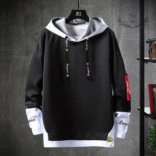 Men's Modern Black White Color-Block Streetwear Hoodie with Layered Cuffs
