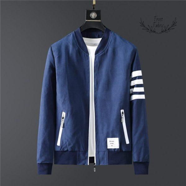 Men's Navy Bomber Jacket with Triple White Arm Stripes - Lightweight Streetwear