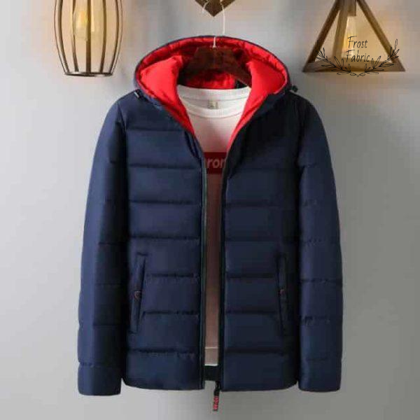 Men's Navy Puffer Jacket with Bold Red Hood - Warm Winter Coat