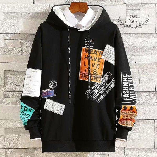 Men's Patchwork Graphic Fleece Hoodie - Unique Streetwear Pullover with Printed Labels