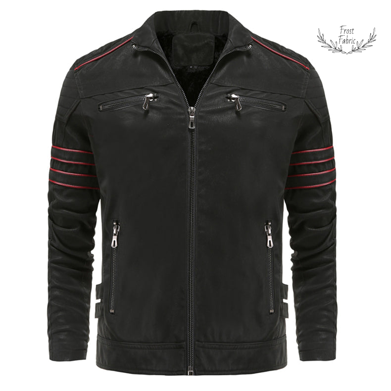 Men's Premium Black Moto Leather Jacket Red Stripe Biker Motorcycle Style