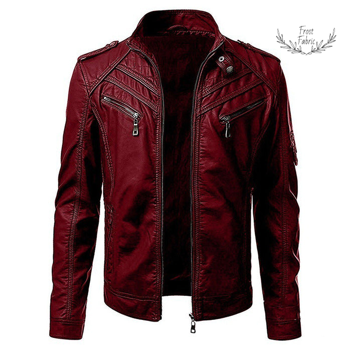 Men's Premium Burgundy Faux Leather Slim Fit Moto Biker Jacket