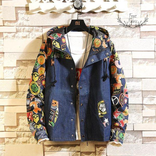Men's Streetwear Denim Patchwork Hoodie Jacket with Bold Printed Sleeves