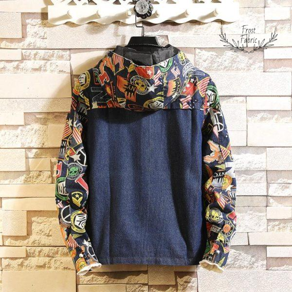Men's Streetwear Denim Patchwork Hoodie Jacket with Bold Printed Sleeves