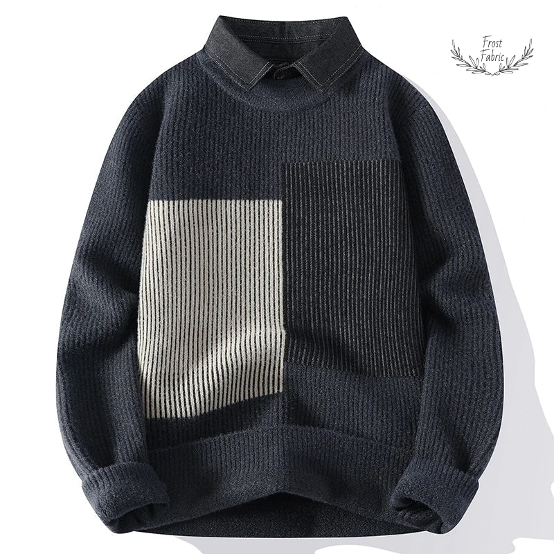 Men's Stylish Striped Patchwork Pullover Sweater: Turndown Collar Long Sleeve