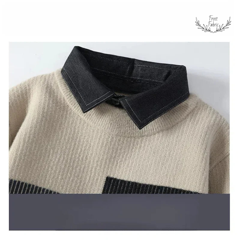 Men's Stylish Striped Patchwork Pullover Sweater: Turndown Collar Long Sleeve