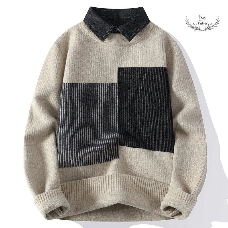 Men's Stylish Striped Patchwork Pullover Sweater: Turndown Collar Long Sleeve