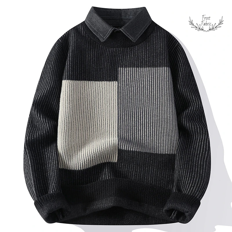 Men's Stylish Striped Patchwork Pullover Sweater: Turndown Collar Long Sleeve
