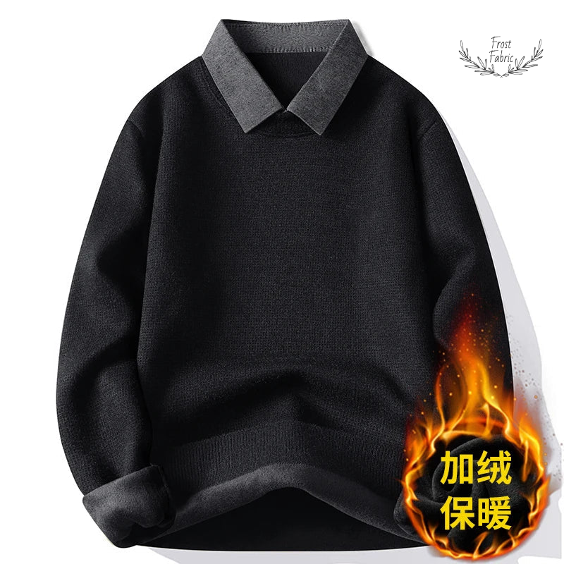 Men's Stylish Turndown Collar Knit Sweater - Fake Two-Piece Versatile Winter Warmth