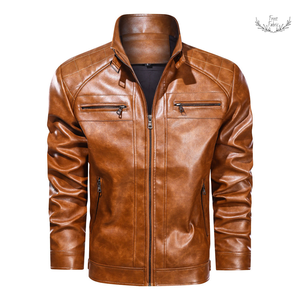 Men's Tan Brown Faux Leather Moto Jacket Modern Zip-Up Biker Style Durable