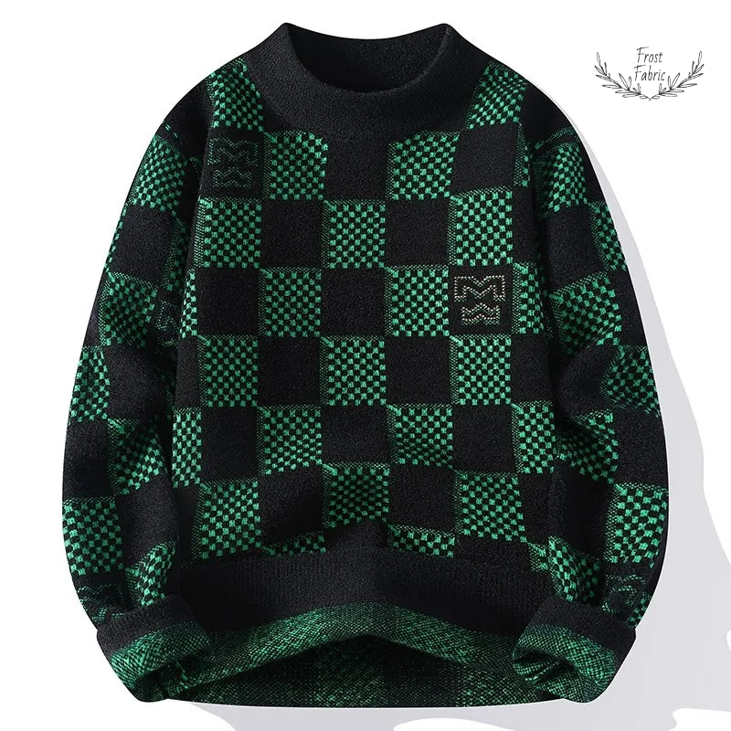 Men's Trendy Checkered Knitted Hoodie Sweater 鈥 Fashionable Slimming Harajuku Style