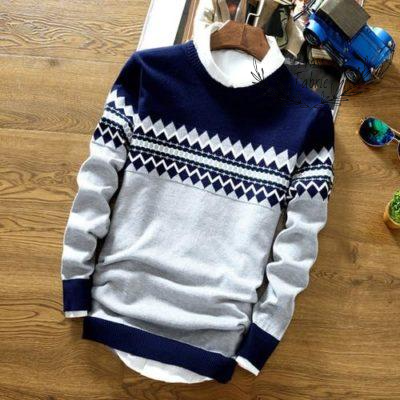 Men's Tri-Color Geometric Knit Pullover Sweater | Warm Nordic Winter Style