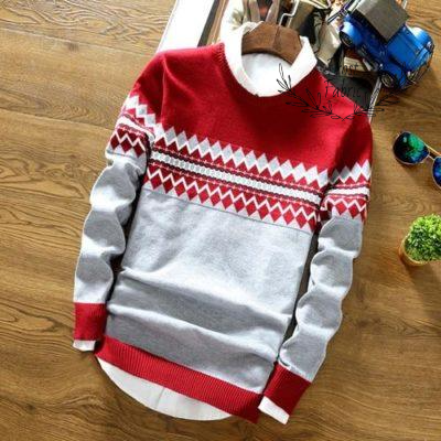 Men's Tri-Color Geometric Knit Pullover Sweater | Warm Nordic Winter Style