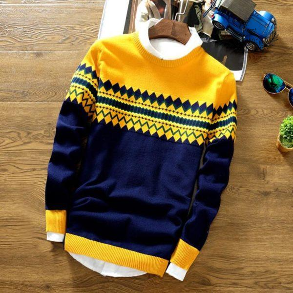 Men's Tri-Color Geometric Knit Pullover Sweater | Warm Nordic Winter Style