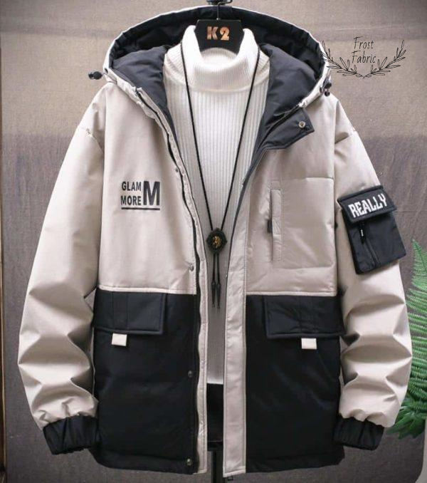 Men's Two-Tone Beige Black Hooded Winter Jacket - Warm Insulated Windproof