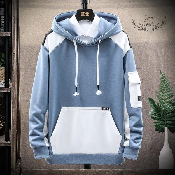 Men's Two-Tone Blue & White Streetwear Hoodie with Cargo Sleeve Pocket